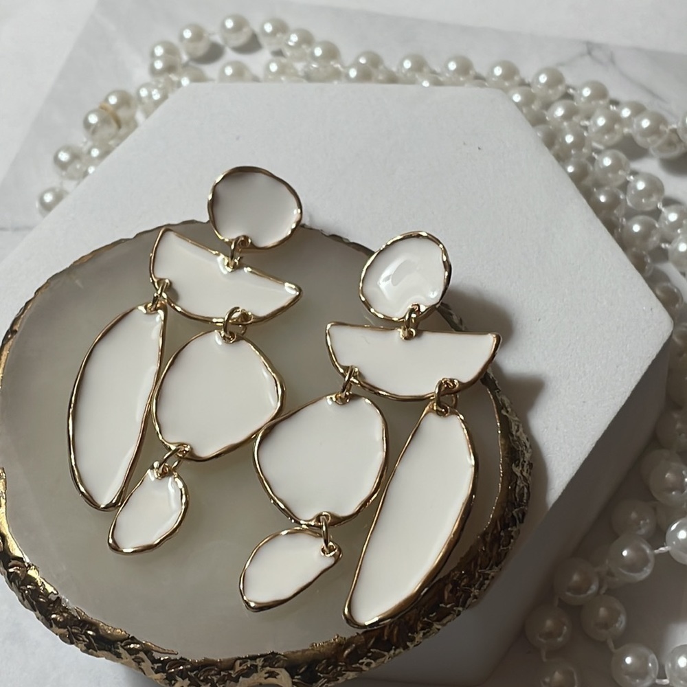 Elegant White Geo Drop Gold Earrings - Picture 12 of 17